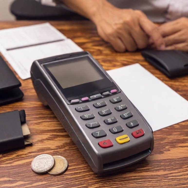 EC-Gerät zum Bezahlen Auf demeinem Holztisch liegt sichtbar ein EC-Gerät zum bezahlen.