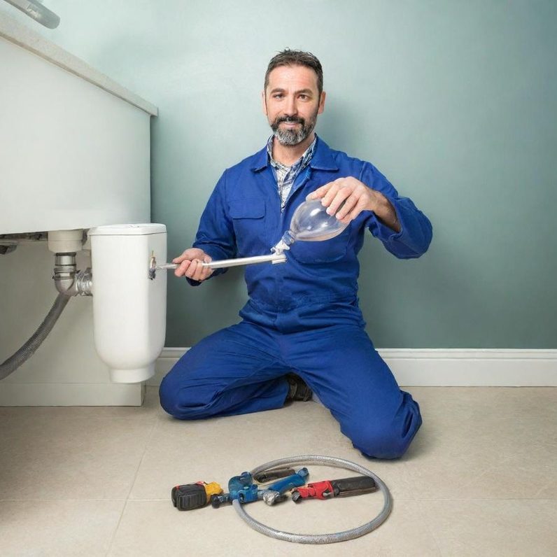 Ein Rohrreiniger ist beim Kunden Der Rohrreiniger geht seiner arbeit nach und löst ein Kundenproblem im Badezimmer am Spülkasten.